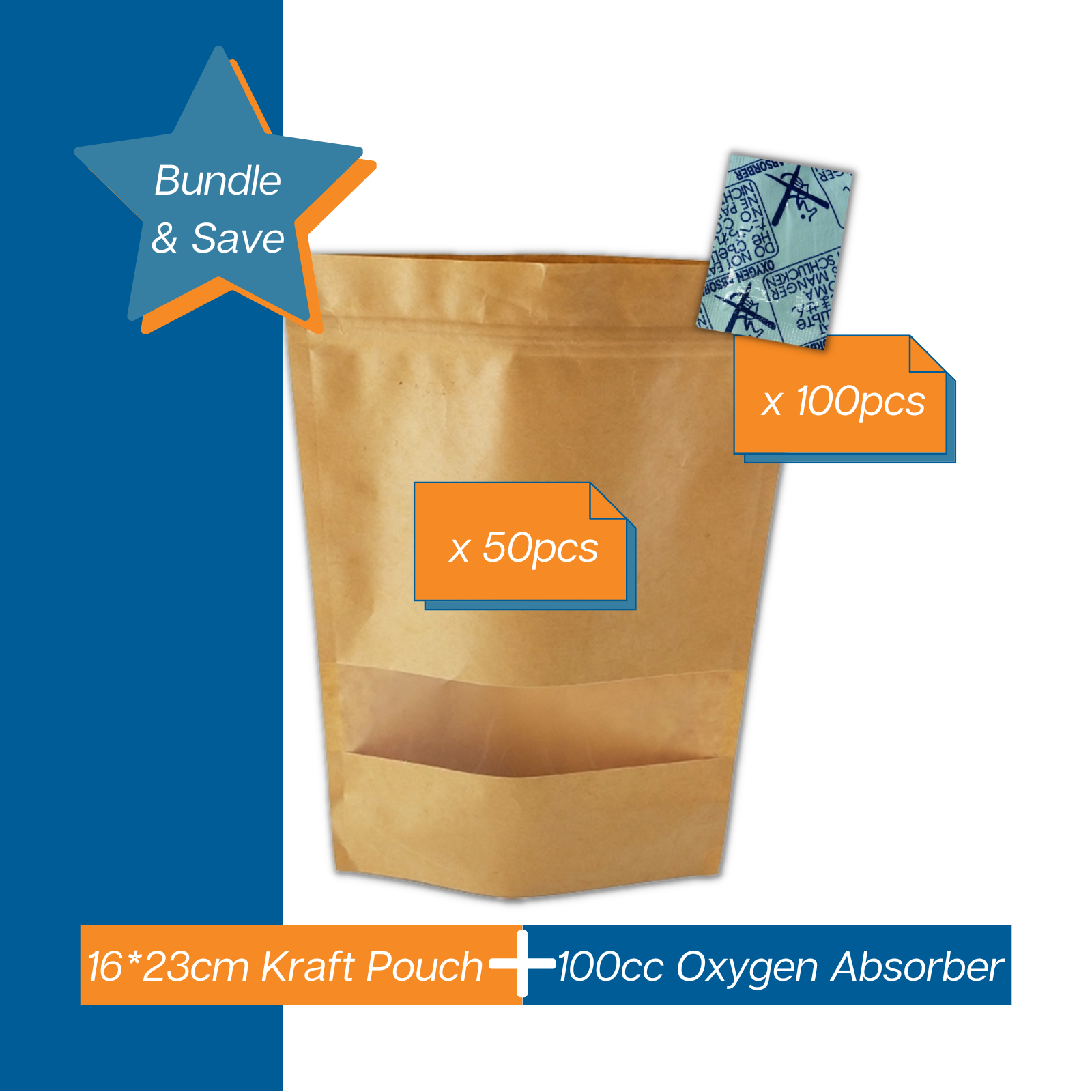 Oxygen Absorbers are used in food preservation, another term for Oxygen Absorbers is Oxygen scavengers. Oxygen Absorbers remove, trap and capture oxygen this extends the shelf life of food and maintains the original taste, colour and odour of food.Kraft Pouches seal food product while also displaying your product with see-through window. Convenience with 16*23cm stand up Kraft Pouch and 100cc Oxygen Absorber bundle.