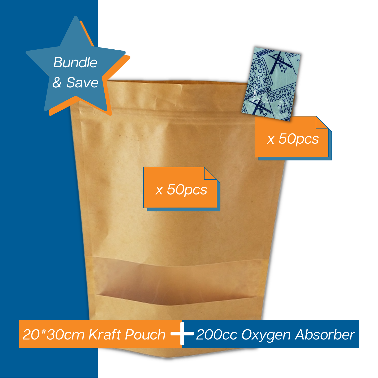 Oxygen Absorbers are used in food preservation, another term for Oxygen Absorbers is Oxygen scavengers. Oxygen Absorbers remove, trap and capture oxygen this extends the shelf life of food and maintains the original taste, colour and odour of food. Kraft Pouches seal food product while also displaying your product with see-through window.