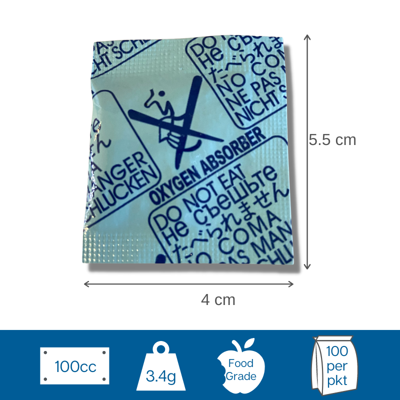 The 100cc Oxygen Absorbers are used in food preservation, another term for Oxygen Absorbers is Oxygen scavengers. Oxygen Absorbers remove, trap and capture oxygen this extends the shelf life of food and maintains the original taste, colour and odour of food.The size and weight of a food product will determine the different Oxygen Absorber needed, Oxygen Absorbers come in a variety of sizes 30cc, 50cc, 100cc, 200cc and 500cc. OA-100cc contains 100 pieces per packet.
