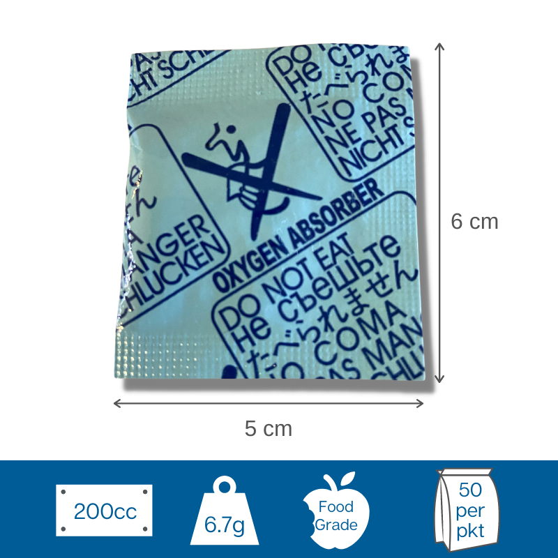 The 200cc Oxygen Absorbers are used in food preservation, another term for Oxygen Absorbers is Oxygen scavengers. Oxygen Absorbers remove, trap and capture oxygen this extends the shelf life of food and maintains the original taste, colour and odour of food. The size and weight of a food product will determine the different Oxygen Absorber needed,Oxygen Absorbers come in a variety of sizes 30cc, 50cc, 100cc, 200cc and 500cc. OA-200cc contains 50 pieces per packet