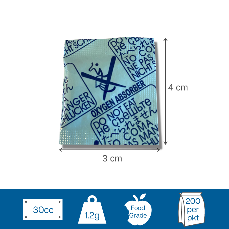 The 30cc Oxygen Absorbers are used in food preservation, another term for Oxygen Absorbers is Oxygen scavengers. Oxygen Absorbers remove, trap and capture oxygen this extends the shelf life of food and maintains the original taste, colour and odour of food.The size and weight of a food product will determine the different Oxygen Absorber needed, Oxygen Absorbers come in a variety of sizes 30cc, 50cc, 100cc, 200cc and 500cc. OA-30cc contains 200 pieces per packet.