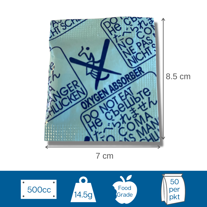The 500cc Oxygen Absorbers are used in food preservation, another term for Oxygen Absorbers is Oxygen scavengers. Oxygen Absorbers remove, trap and capture oxygen this extends the shelf life of food and maintains the original taste, colour and odour of food. The size and weight of a food product will determine the different Oxygen Absorber needed,Oxygen Absorbers come in a variety of sizes 30cc, 50cc, 100cc, 200cc and 500cc. OA-500cc contains 50 pieces per packet.
