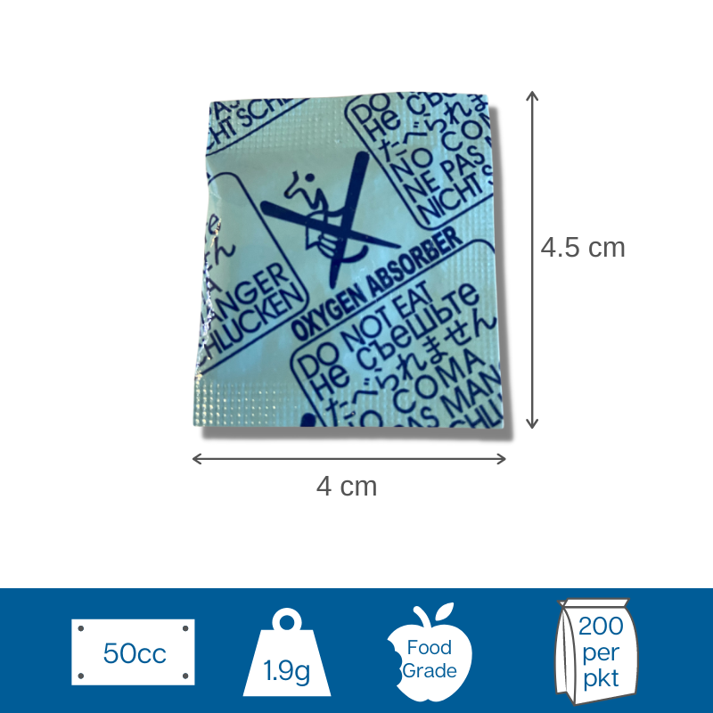 The 50cc Oxygen Absorbers are used in food preservation, another term for Oxygen Absorbers is Oxygen scavengers. Oxygen Absorbers remove, trap and capture oxygen this extends the shelf life of food and maintains the original taste, colour and odour of food. The size and weight of a food product will determine the different Oxygen Absorber needed, Oxygen Absorbers come in a variety of sizes 30cc, 50cc, 100cc, 200cc and 500cc. OA-50cc contains 200 pieces per packet.