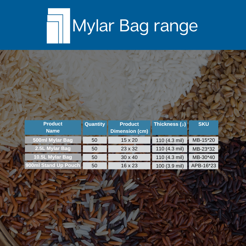 Mylar Bags Ranges and dimensions