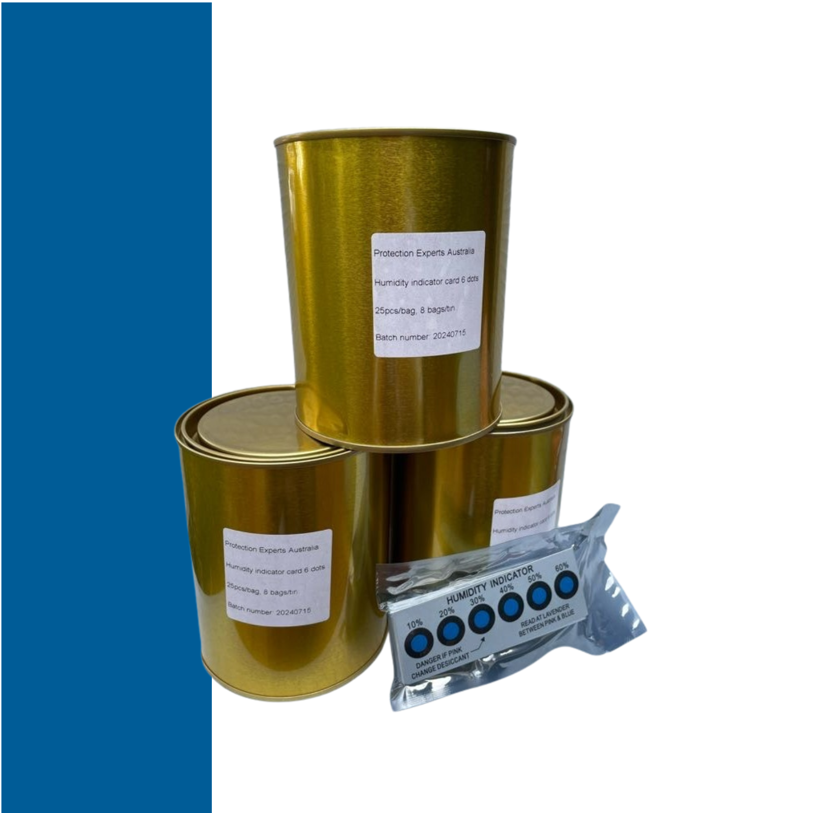 Humidity indicator cards provide a simple, reliable, visual indication of the relative humidity within a sealed environment. Vacuum packed in 25pcs.